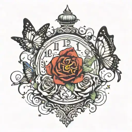 stars, butterflies, clock, heart with missing pieces, the names BigBaby, Ga'Von, and R.C., rose tattoo design idea