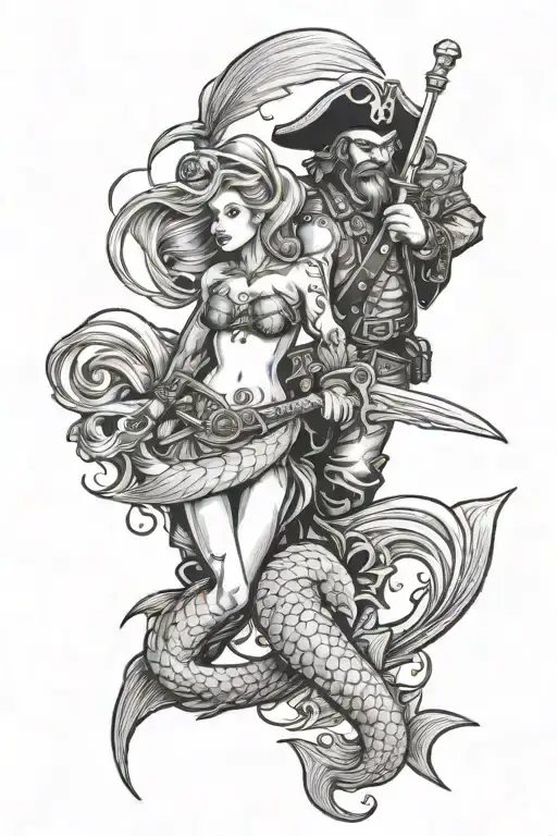 a mermaid and a pirate captain fighting  tattoo design idea