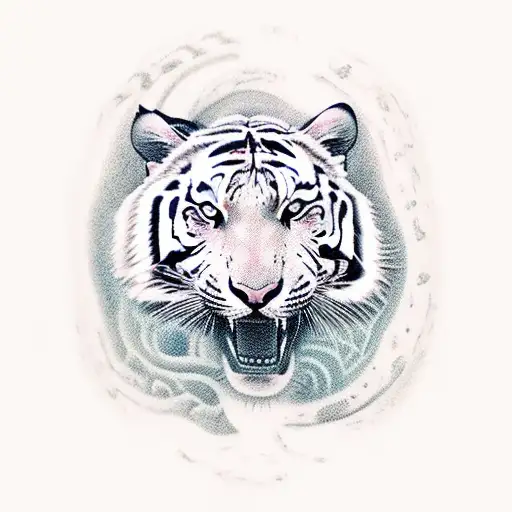 neotrad tattoo of a siberian tigers head, a snake biting a hand and a turtle floating around tattoo design idea