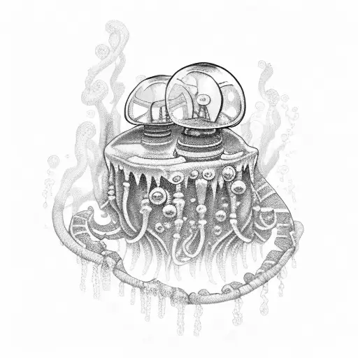 A mysterious underwater city with glowing jellyfish and a hidden treasure chest tattoo design idea