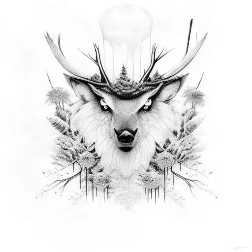 bosque negro de noche con pájaros negros y un cuerpo colgando de las ramas tattoo design idea