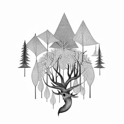 bosque negro de noche con pájaros negros y un cuerpo colgando de las ramas tattoo design idea