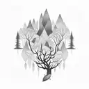 bosque negro de noche con pájaros negros y un cuerpo colgando de las ramas tattoo design idea