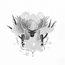 bosque negro de noche con pájaros negros y un cuerpo colgando de las ramas tattoo design idea