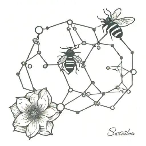 bee with cancer constellation and serotonin molecule tattoo design idea