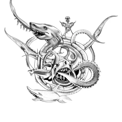 A dotwork tattoo of Poseidon riding on the back of a kraken, with a shark swimming alongside them tattoo design idea