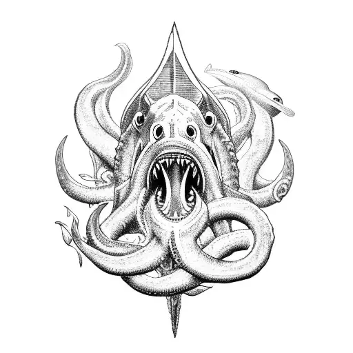Poseidon wielding his powerful trident as a kraken and shark swim around him tattoo design idea