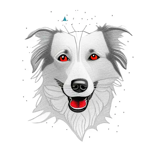 A human with a border collie head wearing a hiking backpack tattoo design idea
