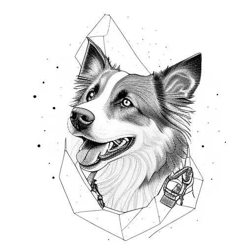 A border collie wearing a hiking backpack tattoo design idea