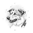 A border collie wearing a hiking backpack tattoo design idea