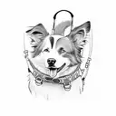 A border collie wearing a hiking backpack tattoo design idea