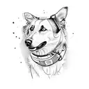 A human with a border collie head wearing a hiking backpack tattoo design idea