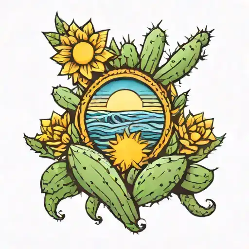 wave and sun inside a cactus   tattoo design idea