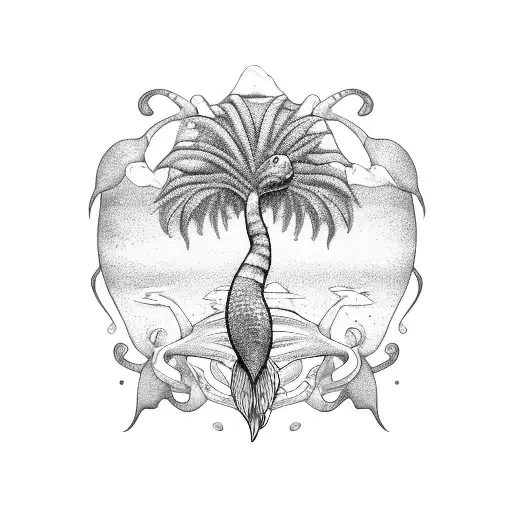 Mermaid palm tree rock turtle tattoo design idea