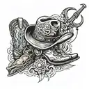 cowboy helmet surrounded by cowboyboots, tooles and a fishing luer   tattoo design idea