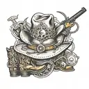 cowboy helmet surrounded by cowboyboots, tooles and a fishing luer   tattoo design idea