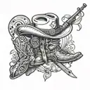 cowboy helmet surrounded by cowboyboots, tooles and a fishing luer   tattoo design idea