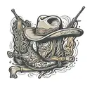 cowboy helmet surrounded by cowboyboots, tooles and a fishing luer   tattoo design idea