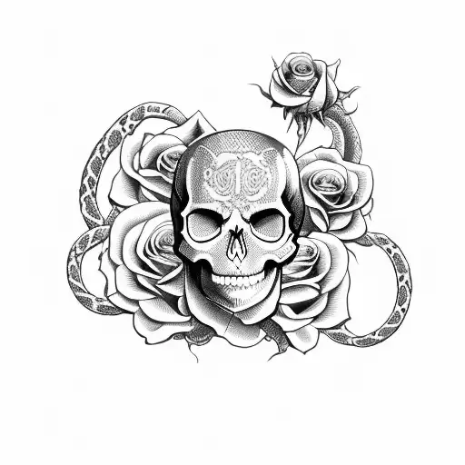 skull and snake with roses tattoo design idea