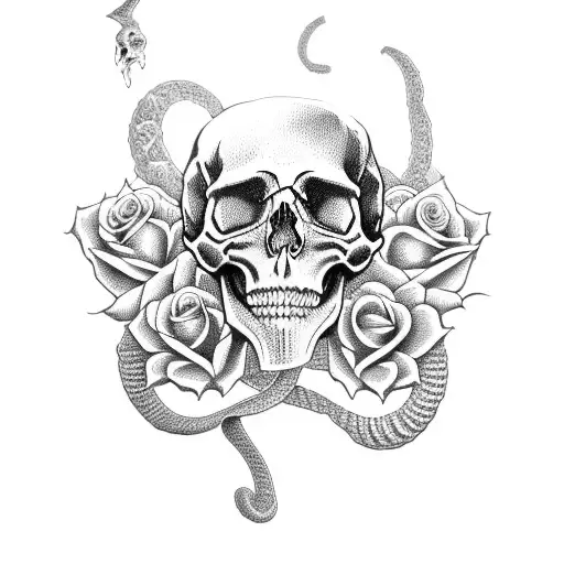 skull and snake with roses tattoo design idea