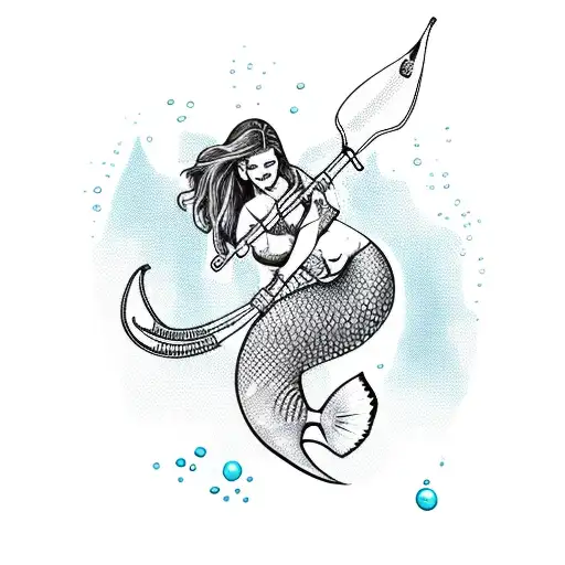 Underwater spearfishing scene with a mermaid tattoo design idea
