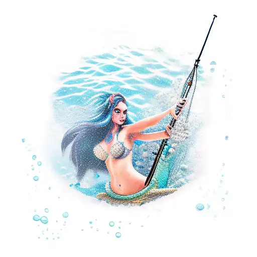Underwater spearfishing scene with a mermaid tattoo design idea