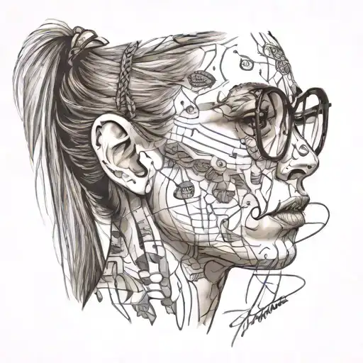 girl in profile, very long aquiline nose, glasses, long straight brown hair tied up, very thin lips, no tattoos tattoo design idea