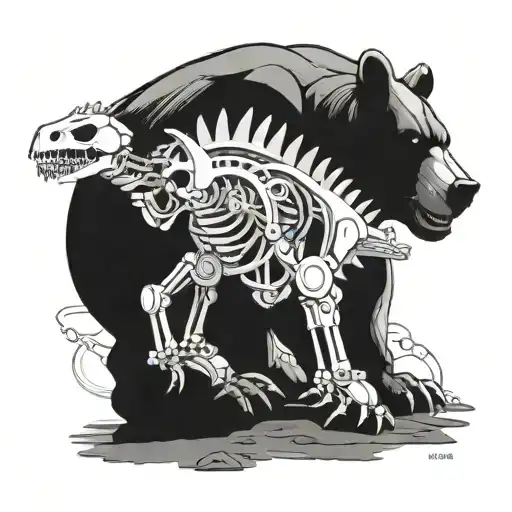 A futuristic robotic bear welding together pieces of a dinosaur skeleton tattoo design idea