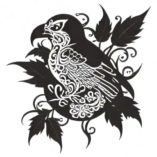 skull, crow, leaves and vines, bones smaller tattoo design idea