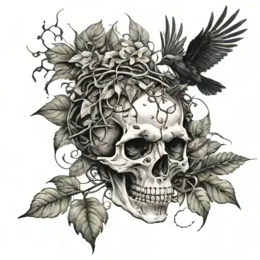 skull bones piled up among leaves and vines, with a crow at the top tattoo design idea