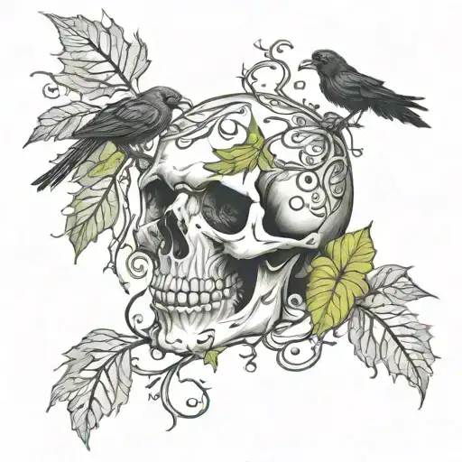 skull, crow, leaves and vines, bones smaller tattoo design idea
