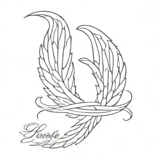 Angel wings spread with name intertwined tattoo design idea