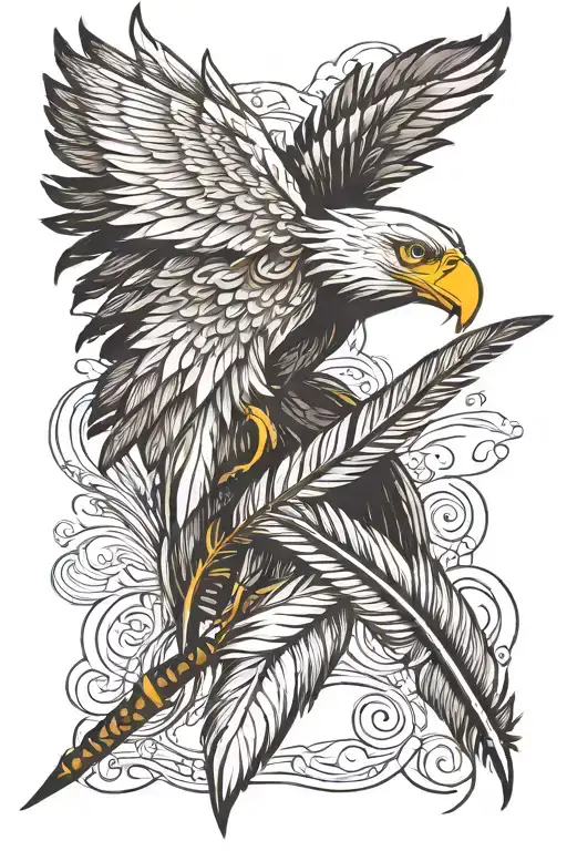 An eagle feather turning into a quill pen, with a line of poetry flowing from the tip tattoo design idea