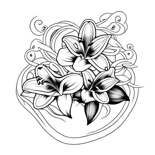 Realistic lily surrounded by heart-shaped vines tattoo design idea