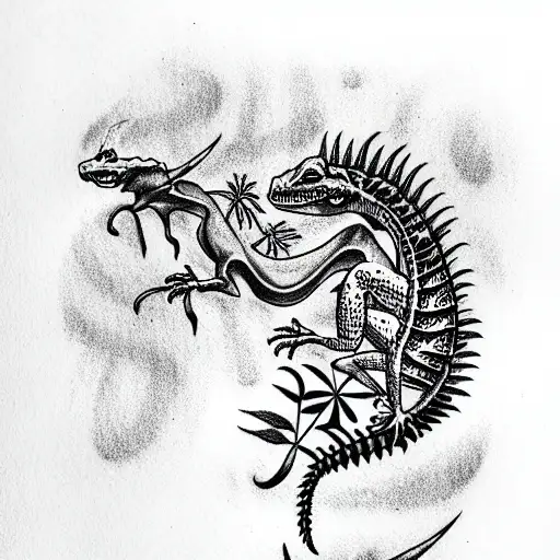 Tattoo with an aggressive lizard in a fern, which holds a thin silver chain in i tattoo design idea