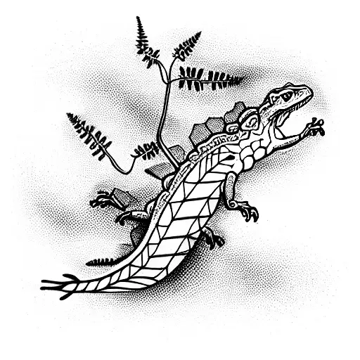 Tattoo with an aggressive lizard in a fern, which holds a thin silver chain in i tattoo design idea