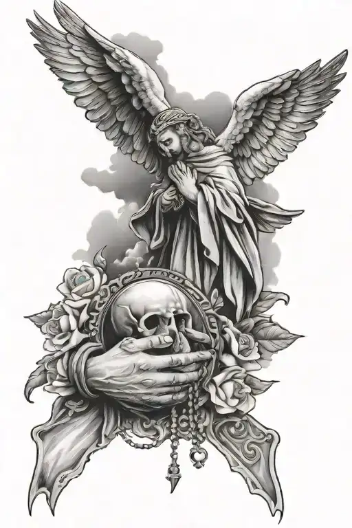 Crumlish with rosary beads wrapping doves and clouds and Hail Mary and Jesus hands  fore arm tattoo tattoo design idea
