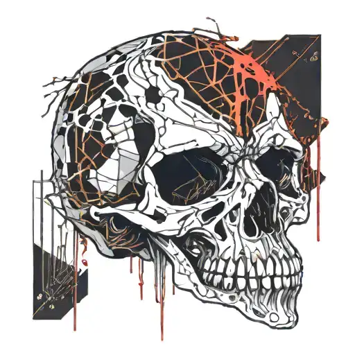 Black Gold Silver Broken decrepit Cracked and broken Skull missing jawbone dripping in blood and melting downwards. tattoo design idea