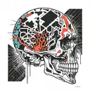 Black Gold Silver Broken decrepit Cracked and broken Skull missing jawbone dripping in blood and melting downwards. tattoo design idea