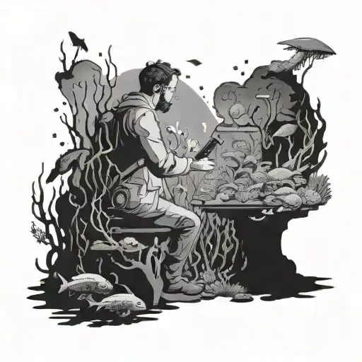 A scientist examining a mysterious underwater ecosystem filled with bioluminescent creatures tattoo design idea
