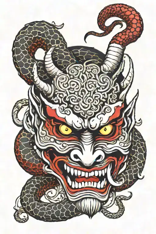 japanese demon mask with a snake wrapped tattoo design idea