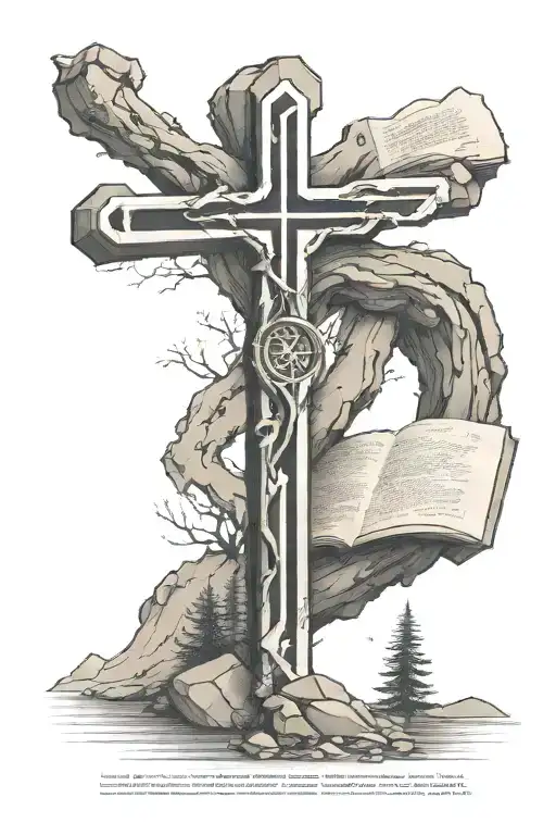 An abstract tattoo of a cross made up of hiking trail markers, with a Bible verse written along the path tattoo design idea