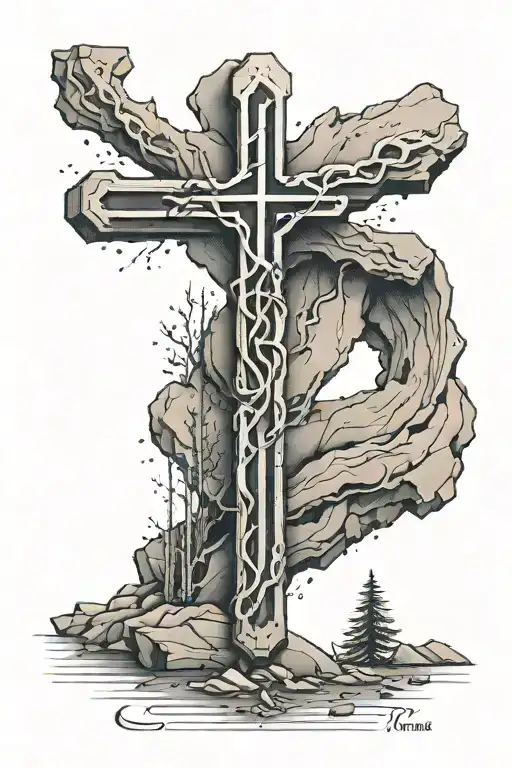 An abstract tattoo of a cross made up of hiking trail markers, with a Bible verse written along the path tattoo design idea
