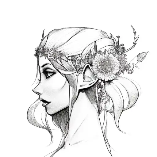 elf woman side view sketch with flowers on hair tattoo design idea