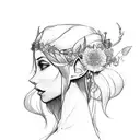 elf woman side view sketch with flowers on hair tattoo design idea
