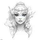 elf woman side view sketch with flowers on hair tattoo design idea