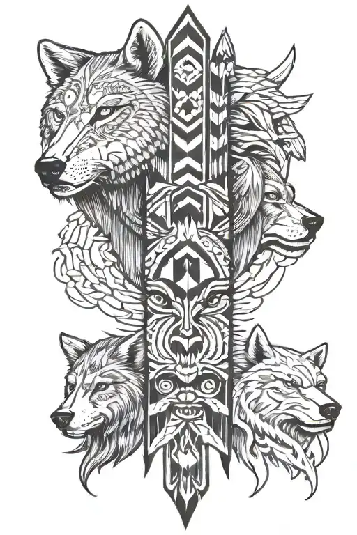 totem pole with hawk wolf bear head tattoo design idea