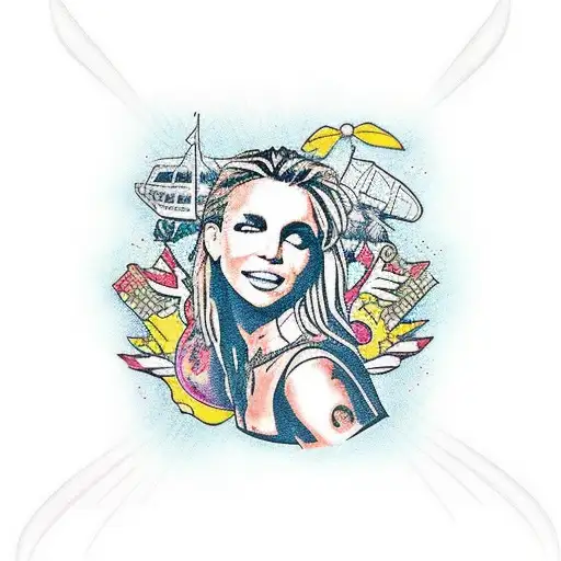 Design a traditional tattoo showcasing Britney Spears surrounded by travel-related symbols tattoo design idea