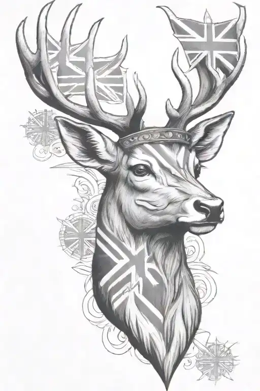 highland stag head, Union Jack flag, British army swords crossed tattoo design idea