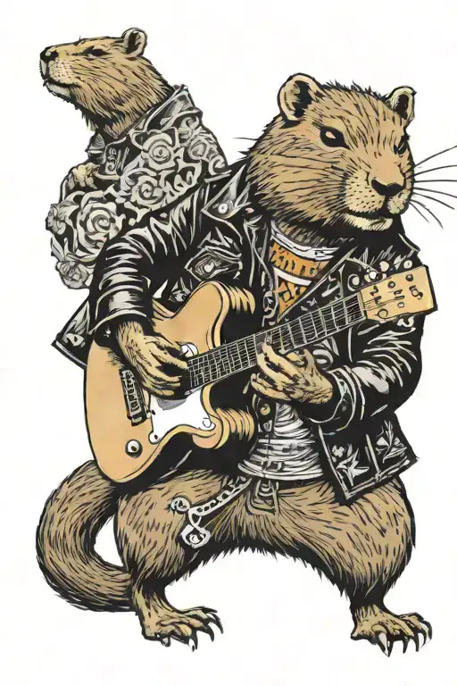 an anthropomorphic capybara in a leather jacket playing guitar.  tattoo design idea